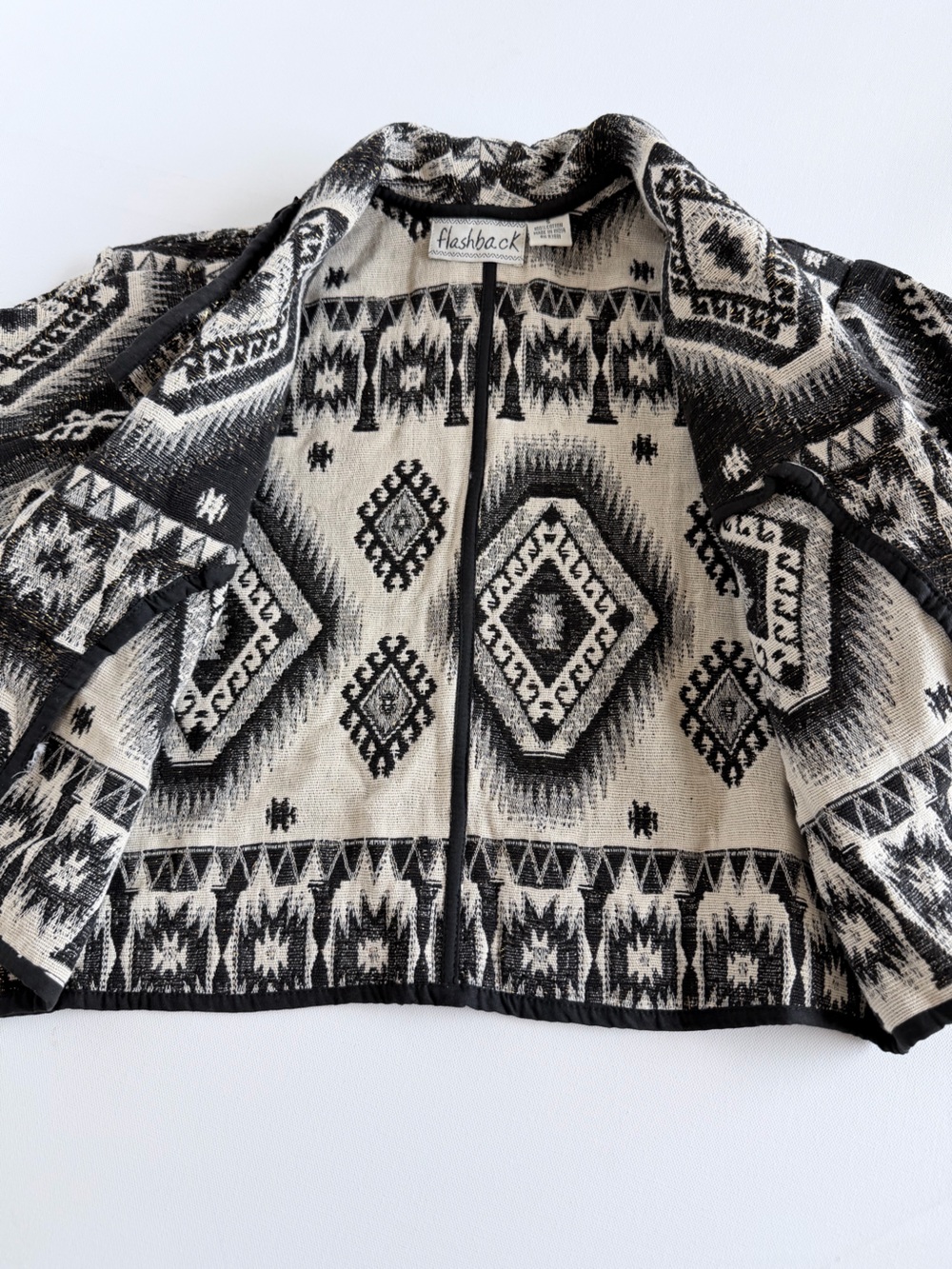 Vintage 90s Flashback Tapestry Jacket S Black White Gold Western Cropped - Picture 12 of 12